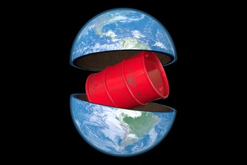 3D illustration: Environmental concept: planet earth with a blue glow is divided into two halves with a red barrel inside with scuffs and rust. Oil production and hazardous radioactive waste.