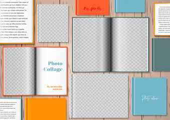 Template for photo collage in modern style. Frames for clipping masks are in the vector file. Template for a photo album. Lots of open and closed books