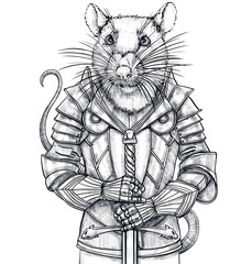 Portrait of a mouse, rat close-up in metal armor. Vintage illustration art. Hand drawn sketch isolated on a white background. White and black graphics. The poster for print on textiles, notebooks