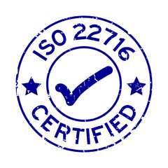 Poster - Grunge blue ISO 22716 certified with mark icon round rubber seal stamp on white background