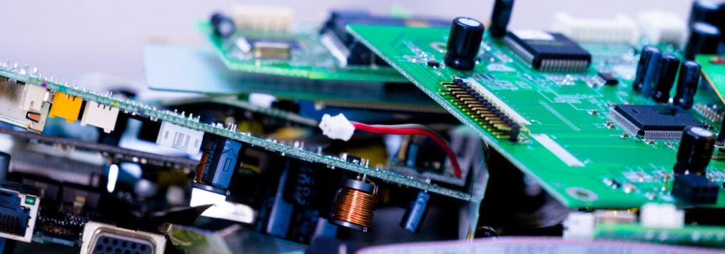 electronic pcb garbage as background from recycle industry and old consumer devices