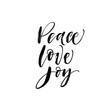 © Анастасия Гевко - Peace, love, joy postcard. Hand drawn brush style modern calligraphy. Vector illustration of handwritten lettering.