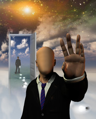 Wall Mural - Awareness. Opened door to another world. Man losing light bulbs. Faceless man trying to stop you