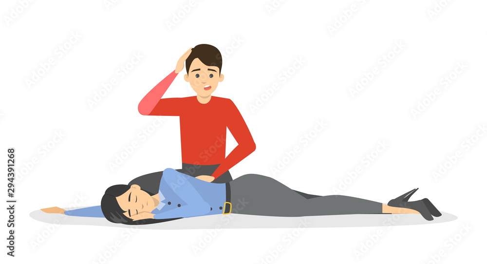 Fainting first aid. Emergency situation, unconscious person - obrazy, fototapety, plakaty 
