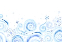 Christmas Rectangle Banner With Colorful Snowflakes And Winter Blizzards For Your Text In Vintage Watercolor Style. Vector Holiday Illustration Blue, Purple And Turquoise Colors On White Background.
