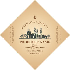 Vector diamond shaped label for red and white wine with european rural landscape of vineyards and European village in retro style on beige background