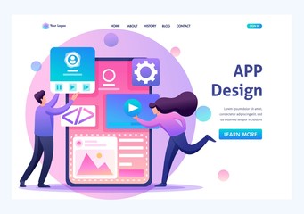 Young people are engaged in mobile application design, website pages development. Flat 2D character. Landing page concepts and web design