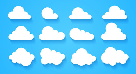 Clouds set isolated on a blue background. Simple cute cartoon design. Modern icon or logo collection. Realistic elements. Flat style vector illustration.