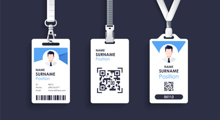 Vector id card template with clasp and lanyard. Blue and white color mock up set. Modern colorful icon collection. Employee ID. Simple realistic design. Cute cartoon style. Flat style illustration.