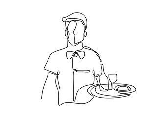 Wall Mural - waitress holding a serving tray continuous one line drawing. Character employee of a cafe, a restaurant at work.