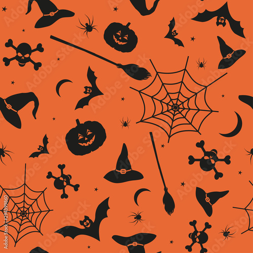 Halloween pumpkins, spiders, skulls and other holiday attributes in black. Ve...