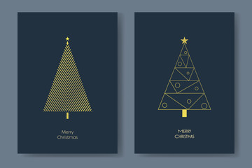 two christmas tree card vector templates with modern shape geometric lines xmas trees. winter holida