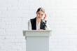 © LIGHTFIELD STUDIOS - attractive businesswoman standing and talking during conference in conference hall