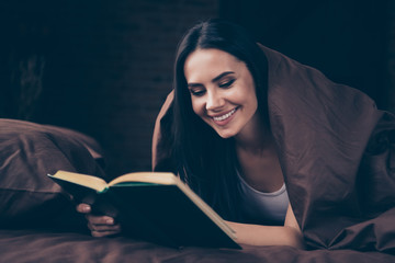 Sticker - Close-up portrait of her she nice attractive charming cute pretty cheerful cheery girl lying in bed reading new interesting book spending time at industrial brick loft modern style flat room