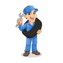 Mechanic Man Carrying The Tire With Holding A Wrench In The Other Hand For Service, Repair Or Maintenance Mascot Concept Cartoon Character Design, Vector Illustration, In Isolated White Background.