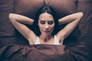 Sticker - Close-up portrait of her she nice attractive lovely charming cute sweet calm girl lying in bed sleeping having ideal nap in room flat house indoors