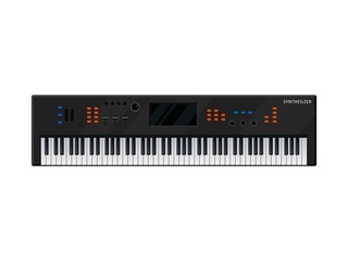 Wall Mural - Music Synthesizer keyboard isolated on white background. Piano musical instruments. Electronic machine DJ equipment techno. Digital instrument icon producer record stereo. Studio mixer equalizer.