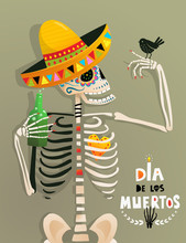 Fun Poster With Skeleton And Bird For Day Of The Dead Mexican Holiday