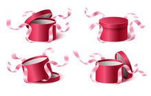 Set Icons Pink Gift Box With Ribbons And Closed And Opened Lid