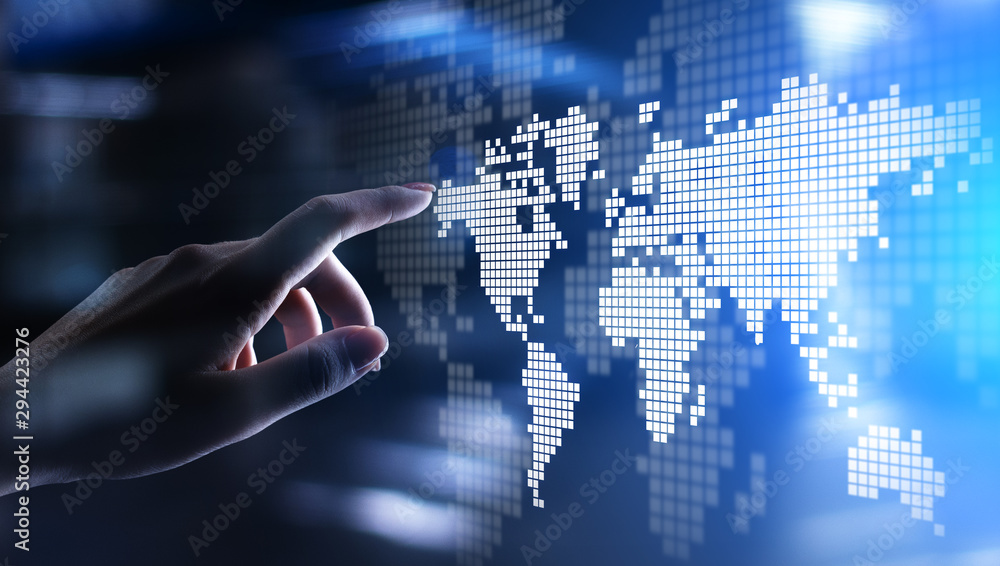 Obraz na płótnie World wide map hologram on virtual screen. Global business and telecommunication technology concept. w salonie