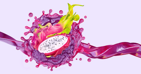 Canvas Print - Fresh ripe dragon fruit and dragon fruit smoothie 3D splash wave. Healthy food or tropical fruit drink liquid ad label design. Tasty pitaya juice or smoothie splash isolated, vitamin cocktail concept