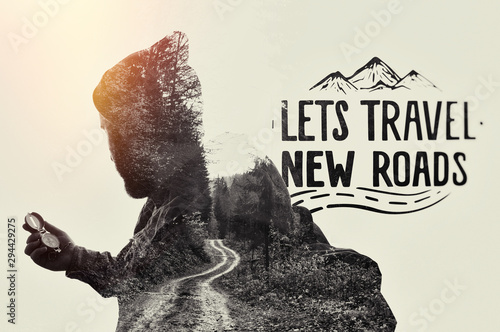 Double exposure landscape with bearded traveler, road and lettering Tableau sur Toile