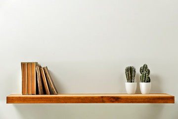Wall Mural - wooden kitchen shelf of free space for your decoration and gray wall space