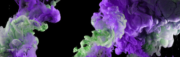 Wall Mural - acrylic green and violet colors in water. ink blot. abstract black background.