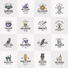 Wall Mural - Vintage Style Halloween Logos or Labels Template Big Set. Hand Drawn Raven, Scull, Cat, Bat, Witch Hat and Tombstone Sketch Symbols Collection. Retro Typography. Shabby Textures Background.