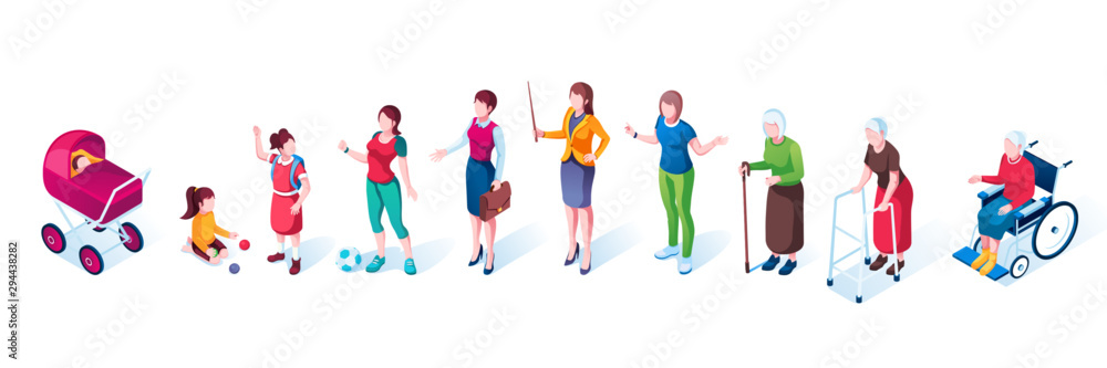 Woman aging process or growth cycle of human. Set of isolated stages of ...