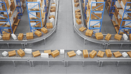 Packages delivery, parcels transportation system concept, cardboard boxes on conveyor belt in warehouse. Warehouse with cardboard boxes inside on pallets racks. Huge modern warehouse, 3D Illustration