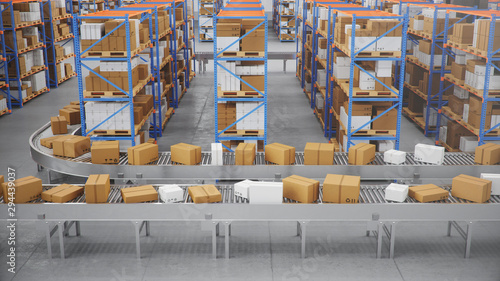 Fotomural Packages delivery, parcels transportation system concept, cardboard boxes on conveyor belt in warehouse