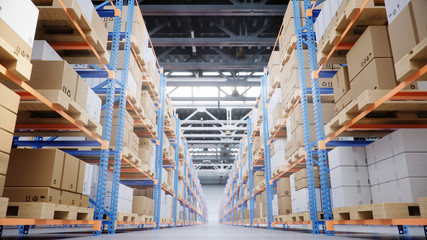 warehouse with cardboard boxes inside on pallets racks, logistic center. huge, large modern warehous