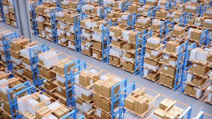 Warehouse with cardboard boxes inside on pallets racks, logistic center. Huge, large modern warehouse. Warehouse filled with cardboard boxes on shelves, boxes stand on pallets, 3D Illustration