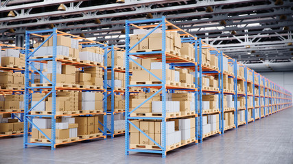 Warehouse with cardboard boxes inside on pallets racks, logistic center. Huge, large modern warehouse. Warehouse filled with cardboard boxes on shelves, boxes stand on pallets, 3D Illustration