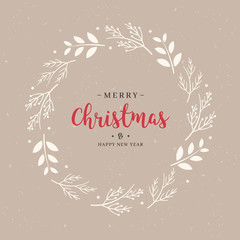 Wall Mural - merry christmas greeting text branch wreath circle background