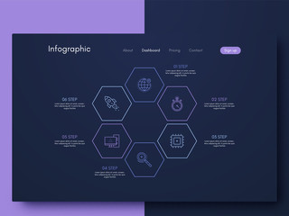 Vector graphics infographics with six options. Template for creating mobile applications, workflow layout, diagram, banner, web design, business reports with 6 steps