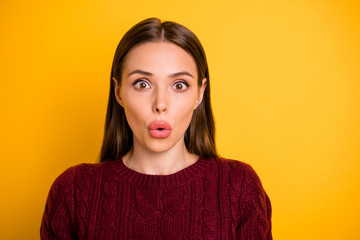 Canvas Print - Close up photo of impressed cute frightened girl with her lips pouted by something unexpected while isolated with yellow background