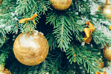 Wall Mural - Green fir tree with golden balls. Christmas wallpaper.