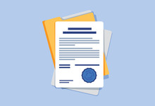 Contract Or Document Signing Icon. Document, Folder With Stamp And Text. Contract Conditions, Research Approval