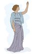 © migfoto - An ancient Greek woman in a tunic stands and raised her hand to the top. Vector image isolated on white background.