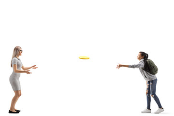 Poster - Two female friends playing with a plastic disc