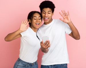 Wall Mural - Happy couple making video call and waving hands