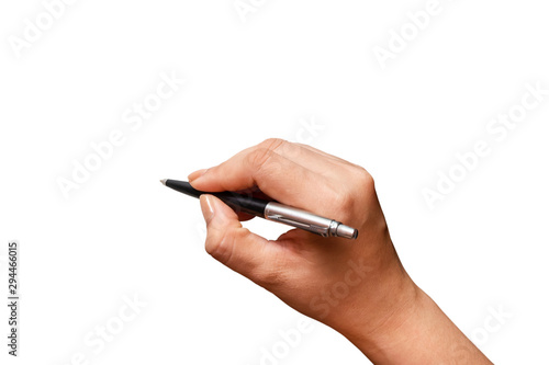 Close-up Female hand writing with a pen, black pen in hand, isolated on white background. File contains with clipping path So easy to work.