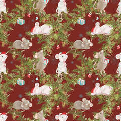 Merry Christmas and happy new year vintage seamless pattern. Retro illustration of white mouses. Symbol of 2020 new year