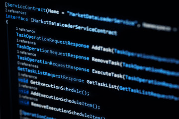 Wall Mural - information technology concept. coding programmer language script text on screen monitor display. pr