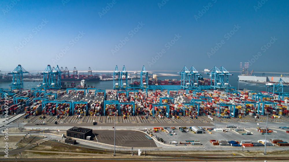 container terminal in the Rotterdam harbor - obrazy, fototapety, plakaty 