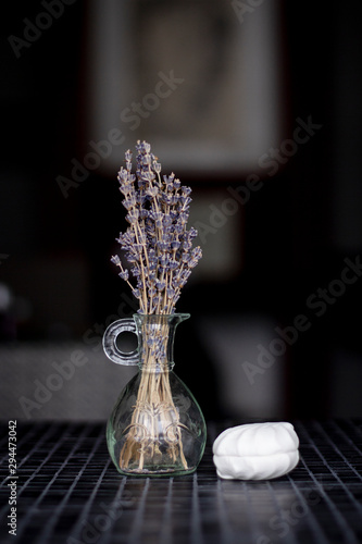 Kitchen Decoration In The Form Of A Glass Transparent Vase With Dried Lavender Flowers And White Marshmallows On A Black Table On A Dark Background Stock Photo Adobe Stock