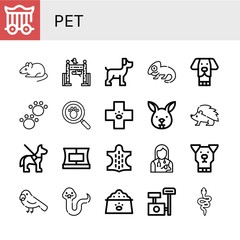 Poster - Set of pet icons such as Cage, Rat, Zoo, Dog, Chameleon, Animal, Paw print, Veterinary, Bunny, Hedgehog, Guide dog, Collar, Veterinarian, Parrot, Snake, Dog food, Scratching post , pet