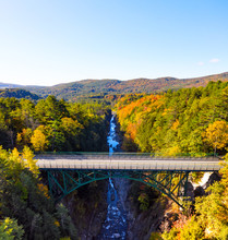 Aerial View Of Quechee Gorge Bridge In Vermont During Fall Season